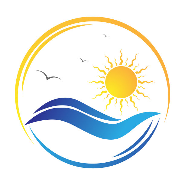 海浪太阳和海鸥为标志，标志贴纸和图片下载