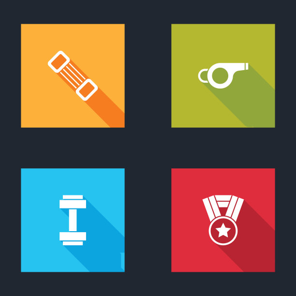 设置胸部扩张器，哨子，哑铃和奖章图标。向量图片下载