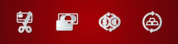 设置剪刀剪信用卡，信用，货币兑换和金条图标。向量图片下载