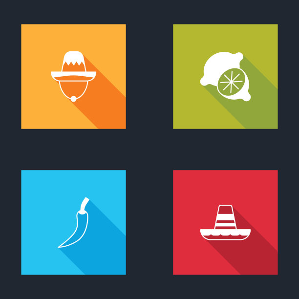 设置墨西哥帽，酸橙，辣椒豆荚和图标。向量图片下载