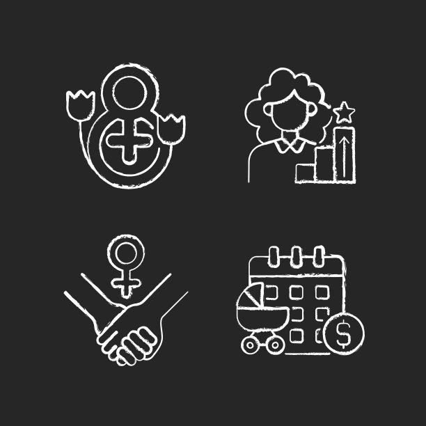 女权主义粉笔白色图标设置在黑色背景图片下载