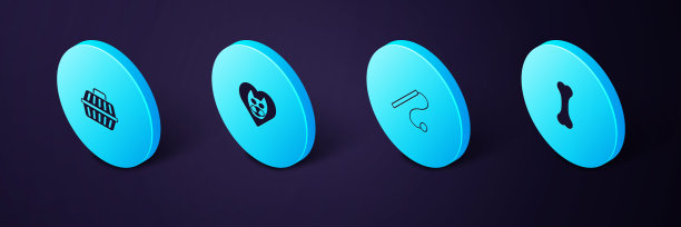 设置等距狗骨，宠物猫玩具，心脏与携带情况图标。向量图片下载