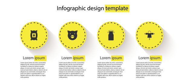 成套包装植物种子，猪，牛奶和稻草人罐头容器。业务信息模板。向量图片下载