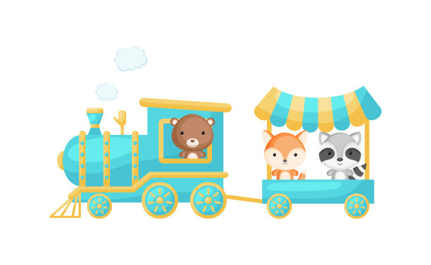可爱的卡通绿松石火车与熊司机和狐狸，浣熊在马车上在白色的背景。设计儿童书籍，贺卡，婴儿送礼会，派对邀请，墙壁装饰。矢量插图。图片下载