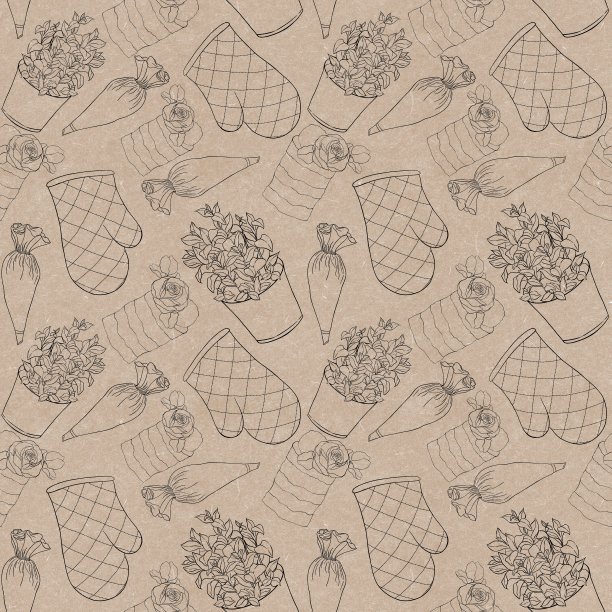 无缝模式的糕点店在工艺背景与轮廓插图壶架，糕点袋，薄荷壶，蛋糕图片下载