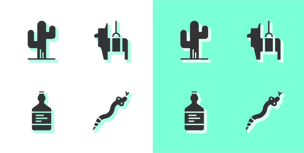 设置蛇、仙人掌、龙舌兰瓶和皮纳塔图标图片下载