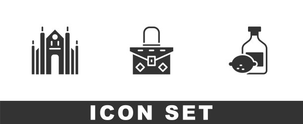 设置米兰大教堂手提包和柠檬酒瓶图片下载