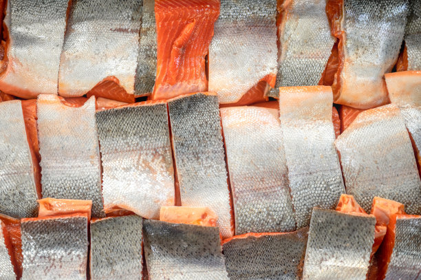 许多三文鱼和鳟鱼片，特写照片图片下载