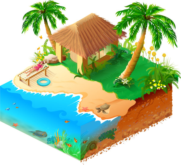 热带岛屿的海滩度假等距3d图片下载