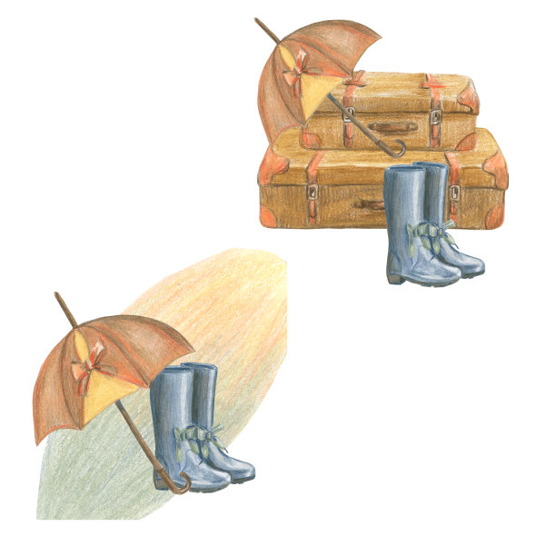收集橡胶靴，雨伞，抽象点和手提箱。用彩色铅笔的技术制成。手绘。图片下载