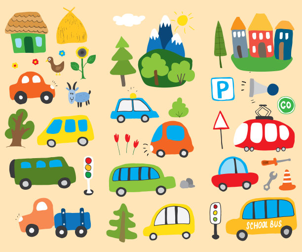 汽车动画设置。可爱的交通涂鸦收藏，矢量插图图片下载