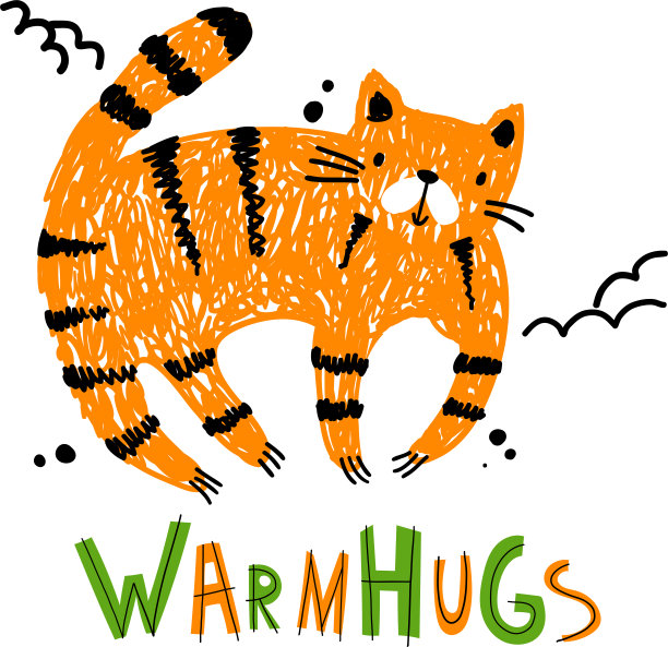 可爱的老虎猫可爱的卡通涂鸦与温暖的拥抱字母矢量插图剪辑艺术图片下载