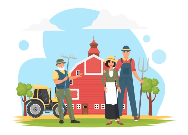 农民在农家村，务农工作，工人手持干草叉，站立图片下载