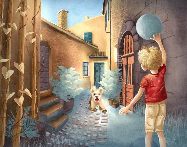 男孩和小狗在院子里玩球。孩子们的光栅插图。小男孩和他的小狗玩球。舒适的绿色庭院。小狗跑着叫着。红色，米色，绿色，棕色，蓝绿色。图片下载