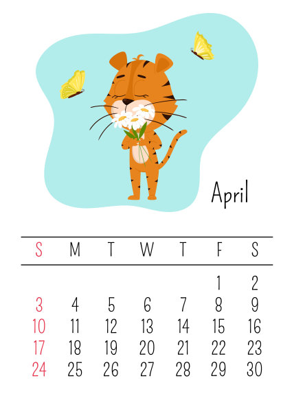垂直墙日历页面模板为2022年4月与卡通老虎象征的中国年。一周从星期天开始。虎嗅探雏菊图片下载