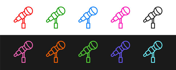 设置线麦克风图标隔离在黑色和白色背景。在空中无线电麦克风麦克风。演讲者的迹象。向量图片下载