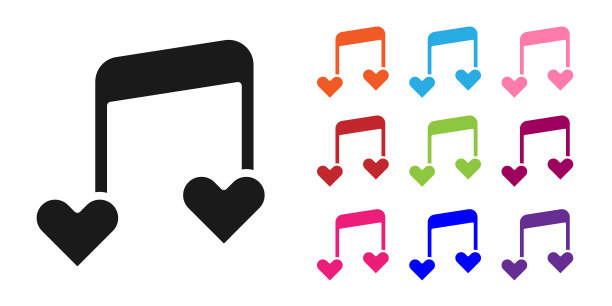 黑色音乐音符，色调与心图标孤立在白色背景。情人节。设置图标丰富多彩。向量图片下载