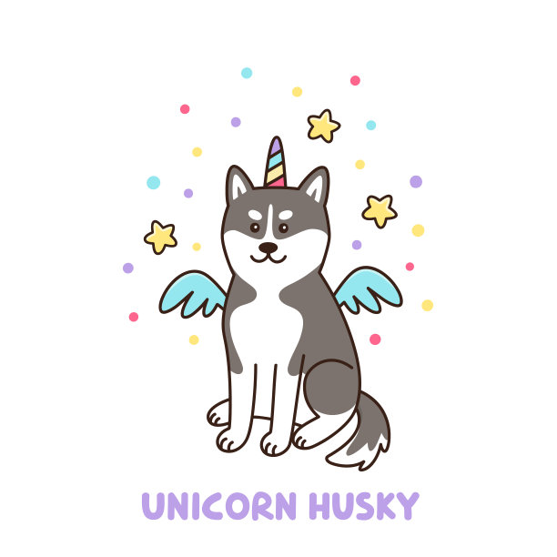 西伯利亚哈士奇狗穿着独角兽服装，有彩色的角和翅膀。图片下载