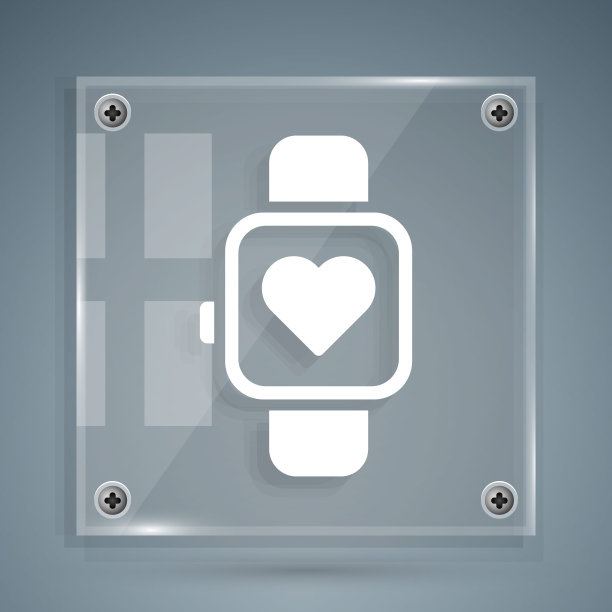 白色智能手表显示心率图标孤立在灰色背景。健身应用程序的概念。方形玻璃面板。向量图片下载