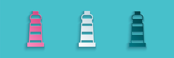 剪纸灯塔图标孤立在蓝色背景。纸艺术风格。向量图片下载