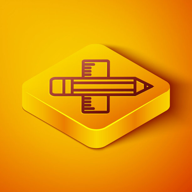 等距线交叉尺和铅笔图标孤立在橙色背景。直尺的象征。绘画和教育工具。黄色正方形按钮。向量图片下载