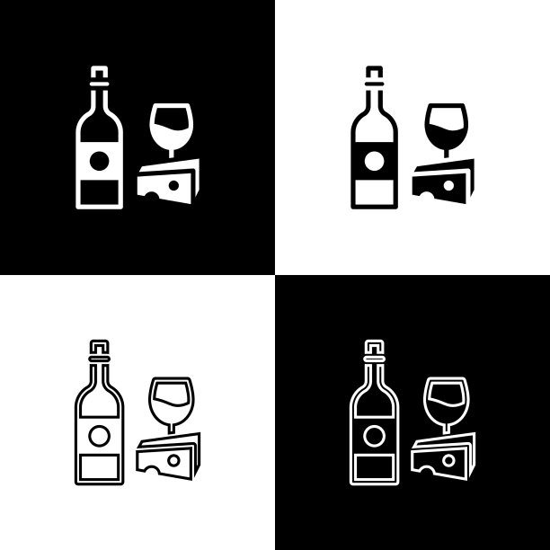 设置酒瓶与玻璃和奶酪图标图片下载