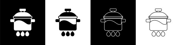 设置烹饪锅图标孤立的黑色和白色背景。煮或炖食物的象征。向量图片下载