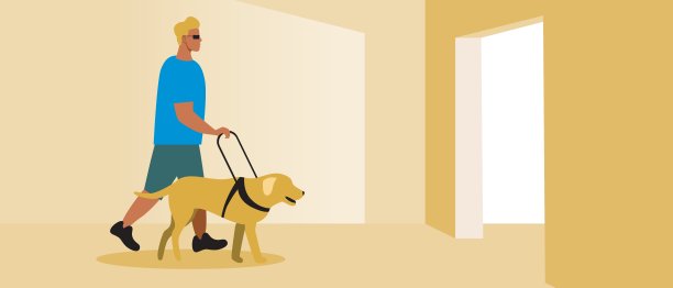 盲人残疾人士与导盲犬，室内入口，平面矢量股票插图与门口的视障人士，移动与狗图片下载