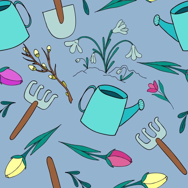 春天的园艺工具——浇水可以耙铲图片下载