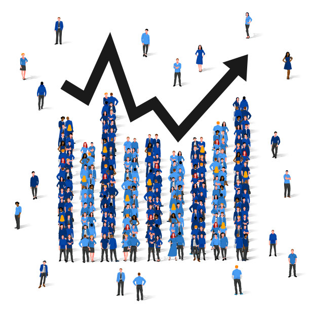 穿着彩色衣服的人的上升和下降图表。商业数据设计元素为网页，报告，报告，财务分析。图,图,图。业务数据图表。图片下载