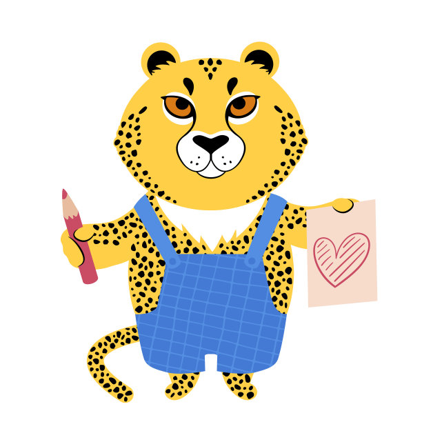 矢量插图的一个可爱的卡通猎豹与铅笔和素描的心。图片下载