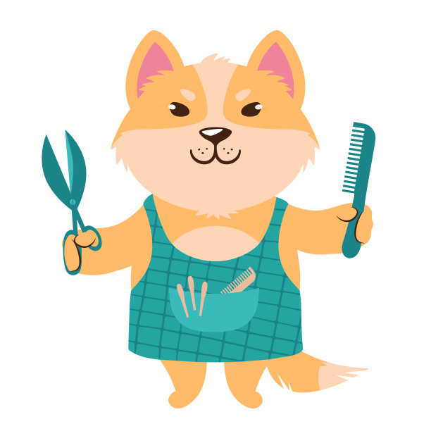 矢量插图的一个可爱的卡通狗在一个围裙与剪刀和梳子图片下载