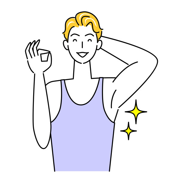 微笑的可爱男人展示腋窝，腋窝毛发已清理干净。插画，简约矢量。图片下载