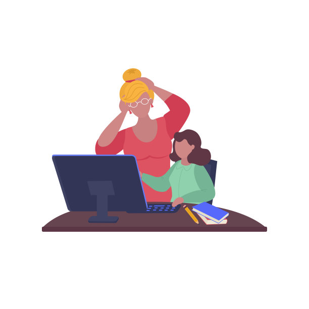 家庭教育。父母帮助孩子学习。妈妈和孩子不能应付困难的家庭作业学习。图片下载