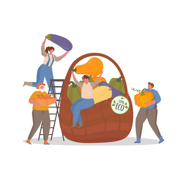 秋收理念与小人。以自然农产品为生态市场。图片下载