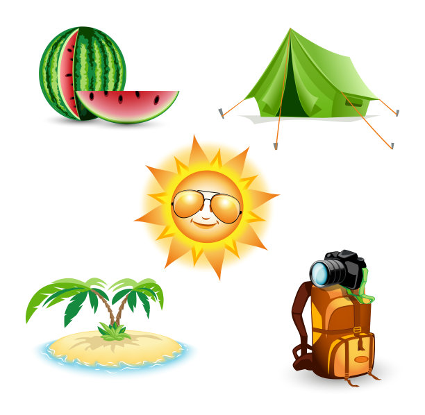 夏天集。西瓜，岛屿，帐篷，背包和相机，太阳图片下载