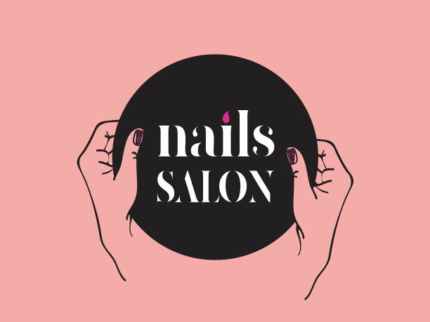 指甲沙龙的标志。女人手拿优雅的指甲油，手拿美甲板。化妆品,美容图标。图片下载