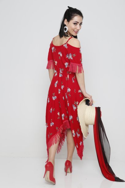 年轻漂亮的女人穿着红色的夏装，戴着白色背景的帽子。图片下载