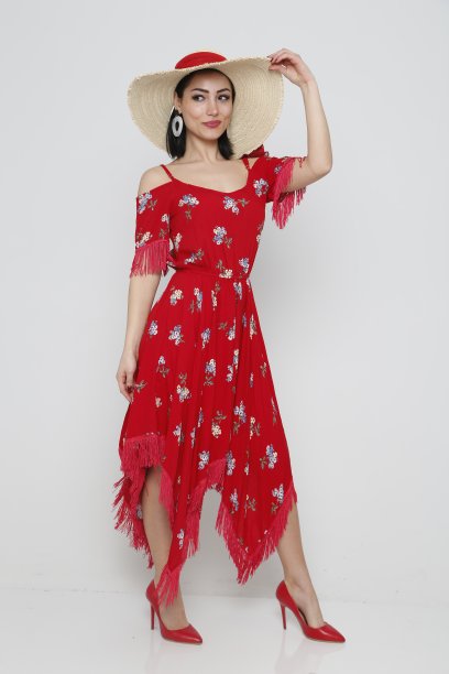 年轻漂亮的女人穿着红色的夏装，戴着白色背景的帽子。图片下载