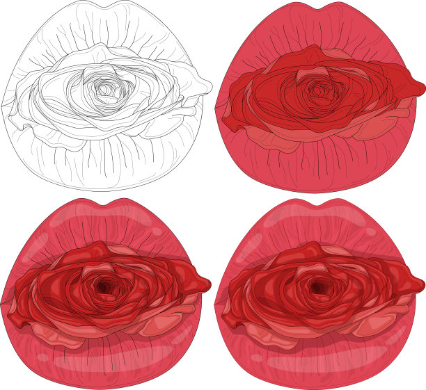 逼真的亮粉色嘴唇和红玫瑰花集图片下载