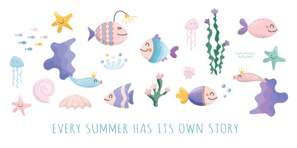 海洋生物卡通设定可爱的水母明星鱼图片下载