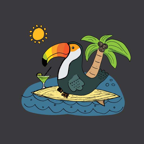 可爱的巨嘴鸟冲浪板卡通动物婴儿和儿童印刷设计矢量插图图片下载