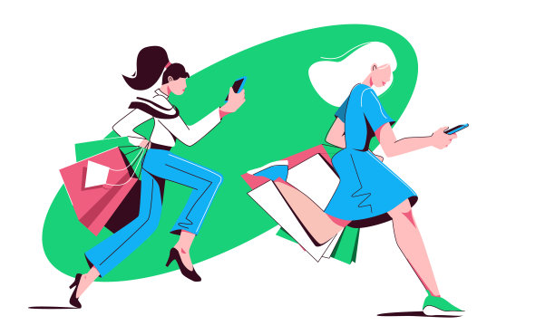 两个年轻的购物女人跑着拿着包，看着手机，销售的概念，畅销书，通知通过应用程序。矢量插图孤立的白色背景。图片下载