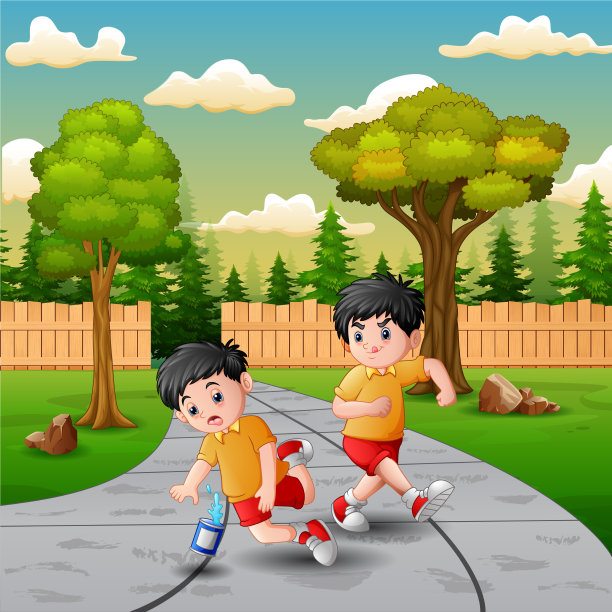 卡通男孩踢别人小孩的腿，摔倒了图片下载