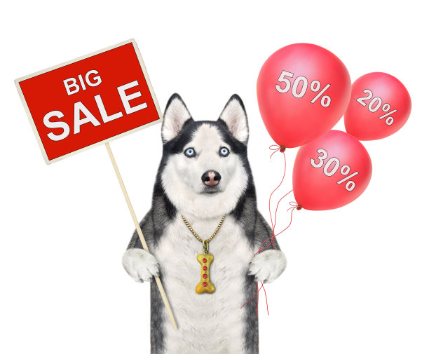狗哈士奇举着大减价的标志图片下载