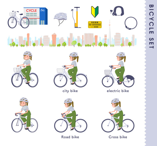 一组休闲时尚的女性骑着各种自行车图片下载