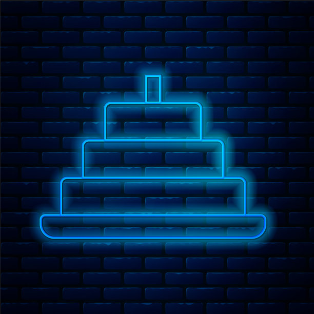 发光的霓虹灯线蛋糕与燃烧的蜡烛图标图片下载