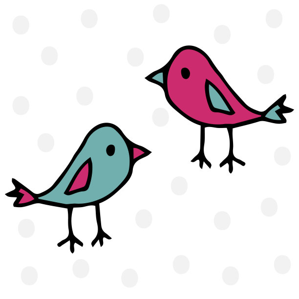 两只涂鸦风格的鸟。手绘春夏设计。明信片，婴儿房装饰。白色背景。图片下载