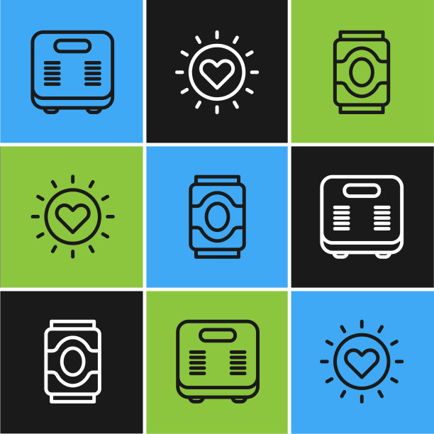 设置线浴室秤、汽水罐和太阳图标图片下载