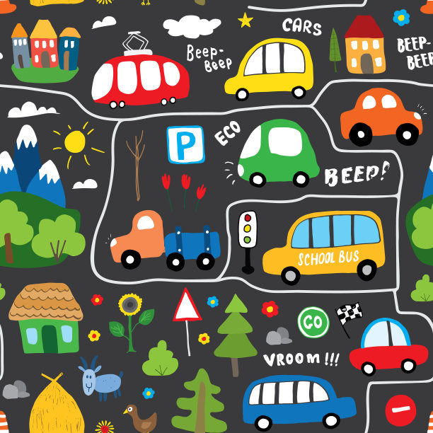 可爱的汽车无缝图案，卡通交通涂鸦背景，矢量插图图片下载